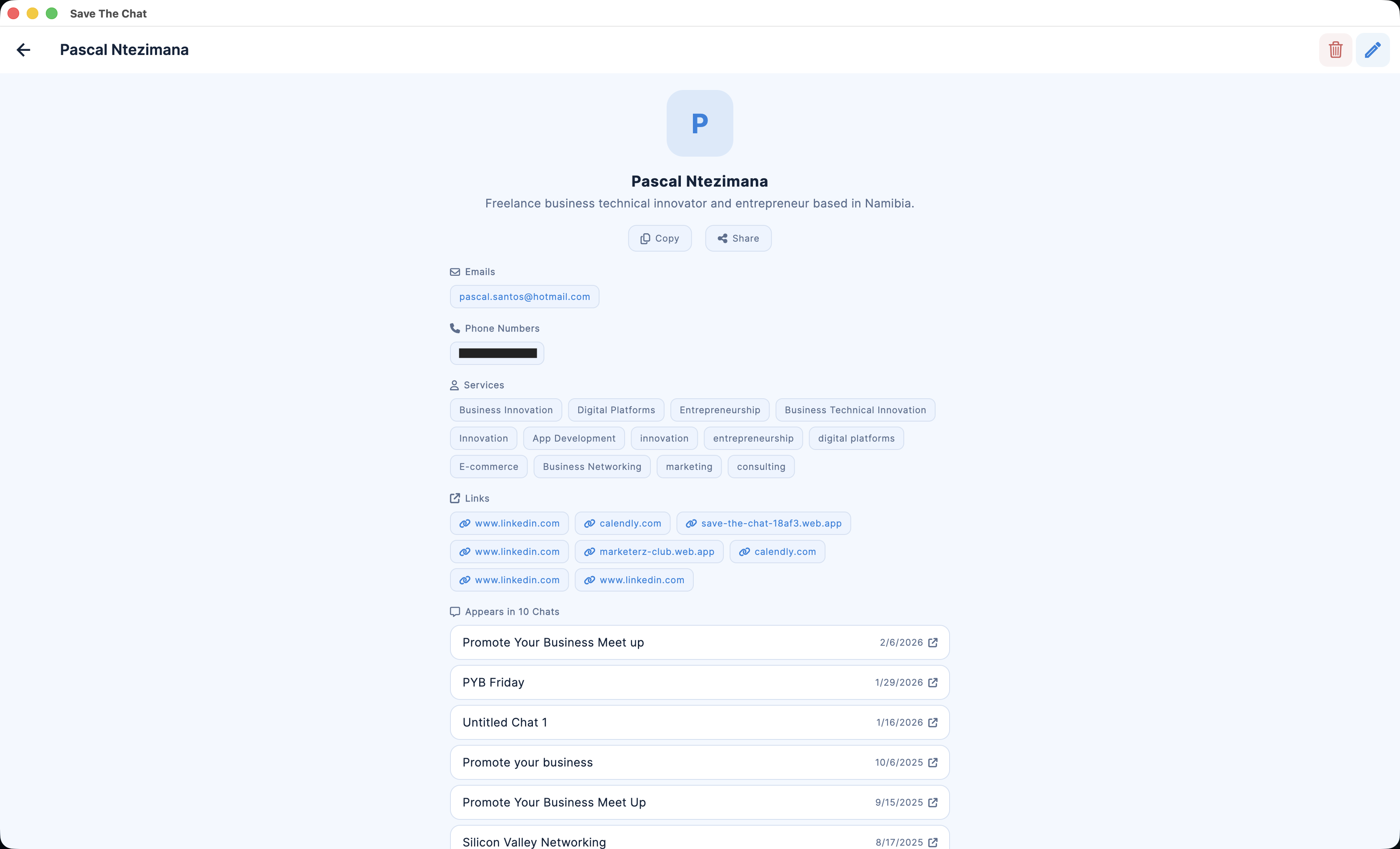 Contact profile details in Save The Chat